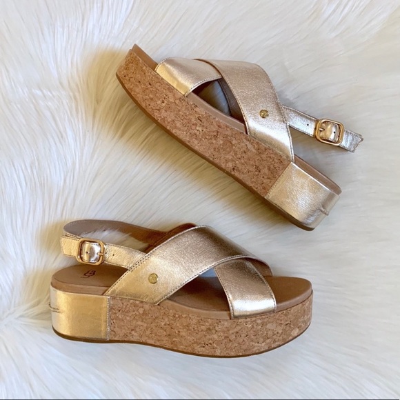 UGG Shoshana Metallic Light Gold Wedge Sandals - Picture 2 of 7